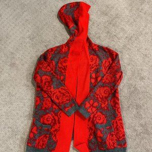 Anthropologie Sparrow Red Floral Rose Hooded Wool Blend Cardigan Size XS